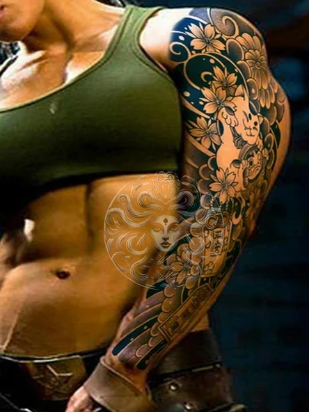 GZQB-070 YARI KALICI KUĞU KUŞU VE ÇİÇEK DESEN KOL DÖVMESİ-TATTO - Resim 2