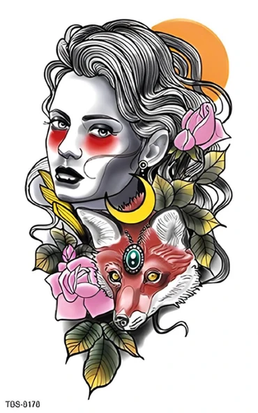 TBS-8178 ORTA BOY KADIN VE TİLKİ DESEN RENKLİ GEÇİCİ DÖVME-TATTO ürün görseli