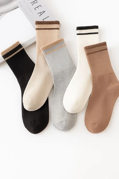 Kadın Çift Çizgili Soket Çorap 5’li Paket - Karışık Renkli