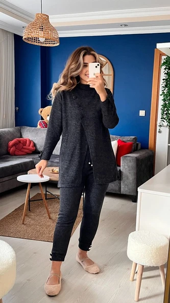 Kadın Uzun Kollu Balıkçı Yaka önden Düğmeli Bluz Ve Pantolon Yumoş Ikili Takım - Resim 2