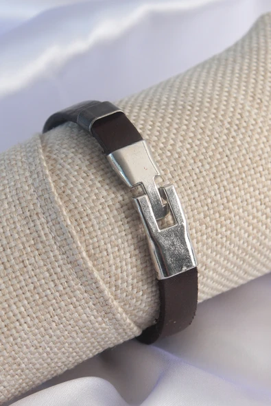 Kahverengi Deri Model Gümüş Renk Çapa Figür Erkek Bileklik - TJ-EB3573 - 2