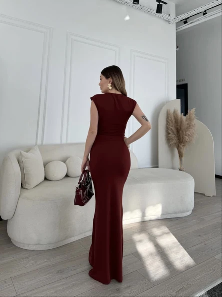 Kolsuz Uzun Likralı Elbise - Bordo - Resim 3