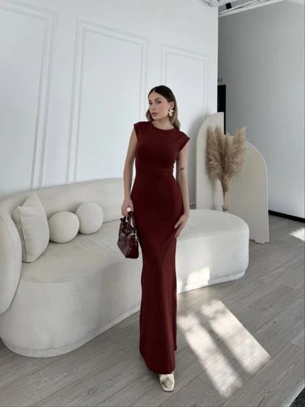 Kolsuz Uzun Likralı Elbise - Bordo - Resim 2