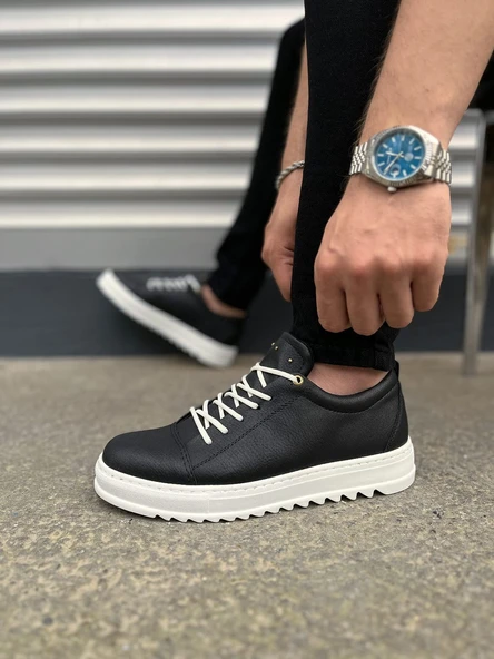 JY152 Cool Bağcıklı Cilt Erkek Günlük Spor Klasik Ayakkabı CBT - Siyah - Resim 3