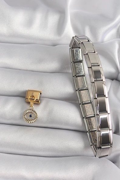 316L Çelik Gold Renk Sallantı Zirkon Taşlı Göz Model Nomination Charm - TJ-BC1193 - 2