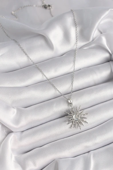 316L Çelik Gümüş Renk Zincir Zirkon Taşlı Yıldız Model Sedefli Ay İşleme Detay Kadın Kolye - TJ-BKO9631 - 2