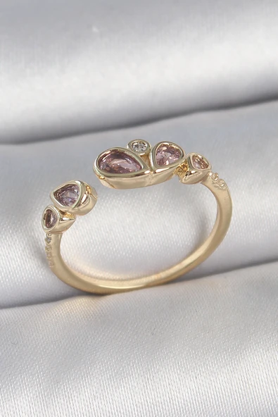 Pirinç Gold Renk Pembe Damla Zirkon Taşlı Ayarlanabilir Kadın Yüzük - TJ-BYK3735