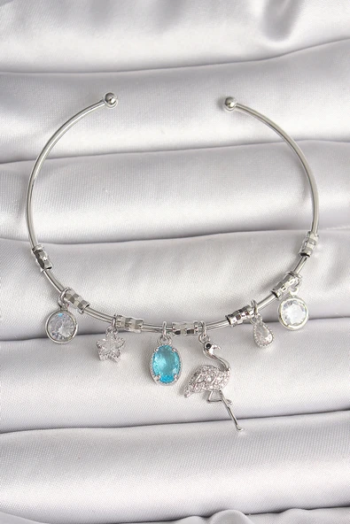 Pirinç Gümüş Renk Sallantı Zirkon Taşlı Filaminga Figür Charm Kadın Bileklik - TJ-BB6903