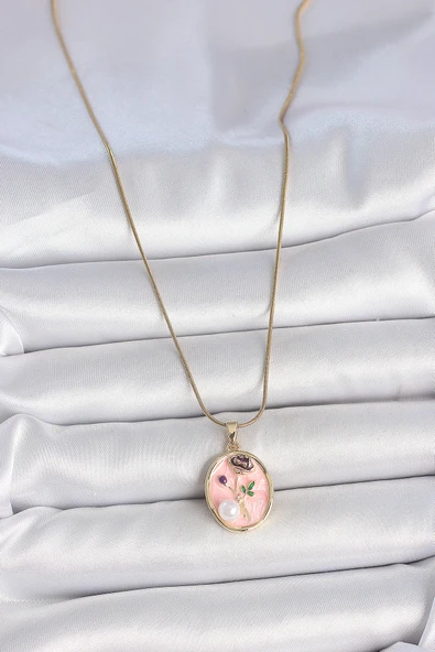 316L Çelik Gold Renk Zincir Pembe Çiçek İşlemeli İnci Detay Portre Model Kadın Kolye - TJ-BKO10077 - 2