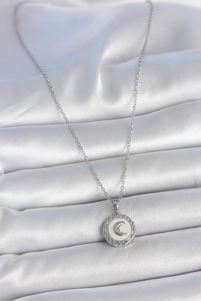 316L Çelik Gümüş Renk Zincir Beyaz Mineli Hilal İşlemeli Madalyon Model Kadın Kolye - TJ-BKO10034 - 2