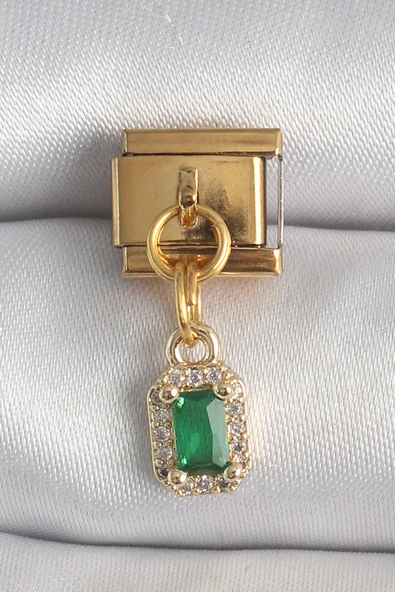 316L Çelik Gold Renk Sallantı Kare Yeşil Zirkon Taşlı Nomination Charm - TJ-BC1352