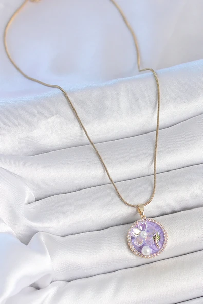 316L Çelik Gold Renk Zincir Zirkon Taşlı Mor Mineli Çiçek İşlemeli İnci Detay Portre Model Kadın Kolye - TJ-BKO10138 - 2