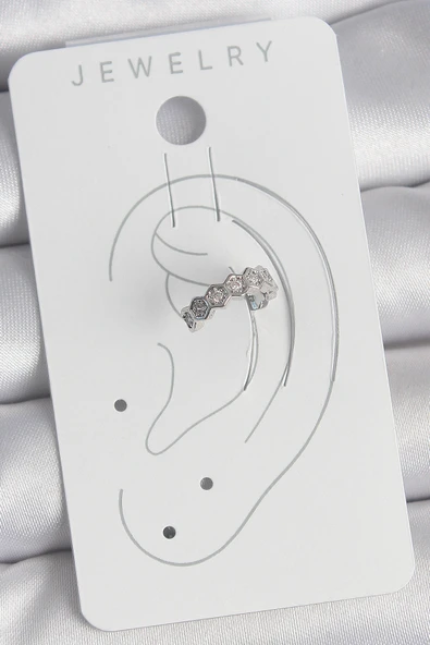 Pirinç Gümüş Renk Bal Peteği Model Zirkon Taşlı Kadın Kıkırdak Küpe - TJ-BKP10568 - 2