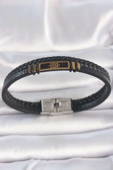316L Çelik Gold Renk Gemi Dümeni Aksesuarlı Çift Sıra Burgu Desenli Deri Kordon Erkek Bileklik - TJ-EB3713