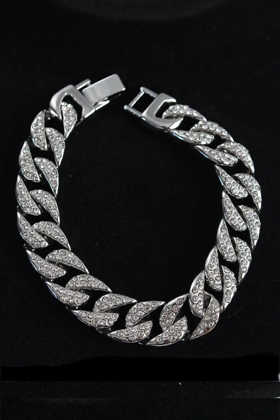 Pirinç Zirkon Taşlı Cuba Gurmet Model Gümüş Renk Erkek Bileklik - TJ-EB3751