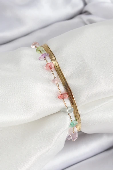 316L Çelik Gold Renk Kristal Karışık Renkli Taşlı Kadın Bileklik - TJ-BB7091 - 2