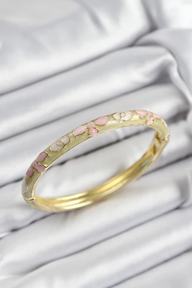 Mineli Pirinç Pembe Hardal Ve Krem Çiçek Motifli Gold Renk Kadın Kelepçe - TJ-BB7389