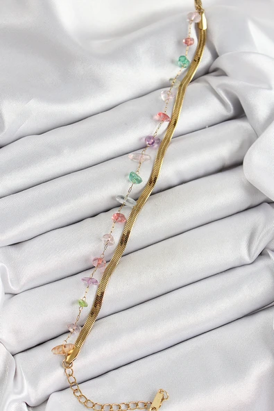 316L Çelik Gold Renk Kristal Karışık Renkli Taşlı Kadın Bileklik - TJ-BB7091