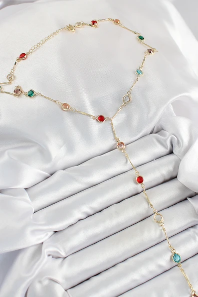 Pirinç Asorti Model Gold Renk Zirkon Taşlı Y Kolye - TJ-BKO10251 - 2