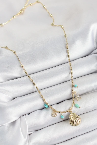 Pirinç Zirkon Taşlı Deniz Kabuğu Model Gold Renk Kadın Kolye - TJ-BKO10368 - 2