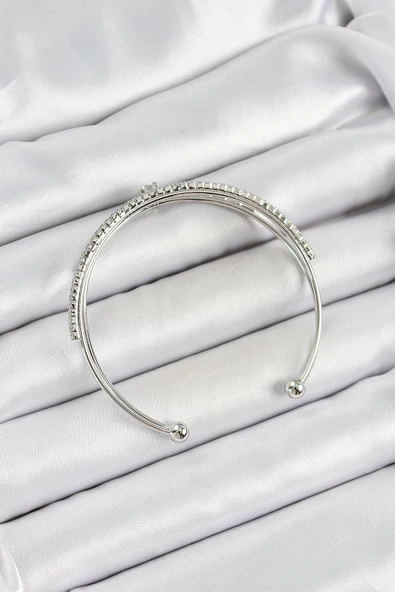 Pirinç Gümüş Renk Zirkon Taşlı Kalp Detaylı Kadın Bileklik - TJ-BB7062 - 2