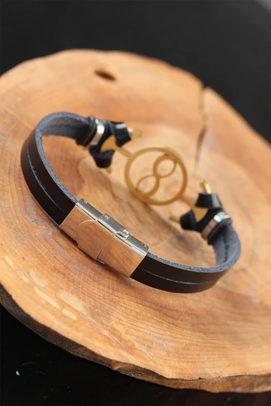 Gold Renk Sonsuzluklu Metal Aksesuarlı Siyah Renk Deri Erkek Bileklik - TJ-EB2541-KS - 2