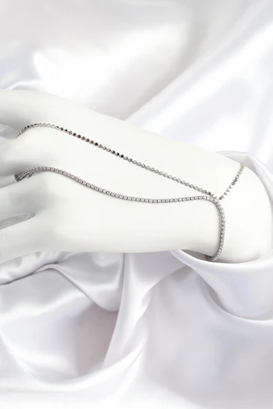 Pirinç Zirkon Taşlı Ezme Zincir Model Gümüş Renk Kadın Şahmeran - TJ-SN690