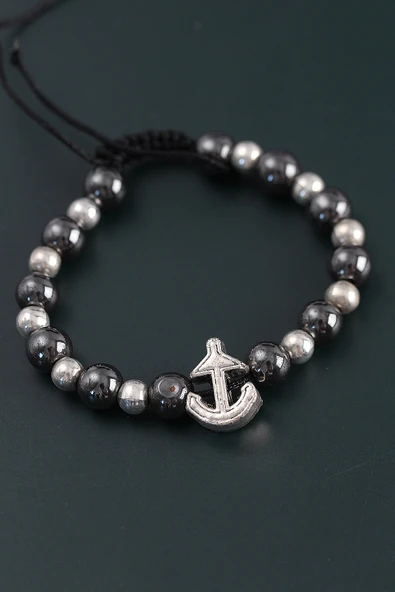 Doğal Taş Çapa Model Gümüş Ve Füme Renk Asansörlü Erkek Bileklik - TJ-EB3762 - 2