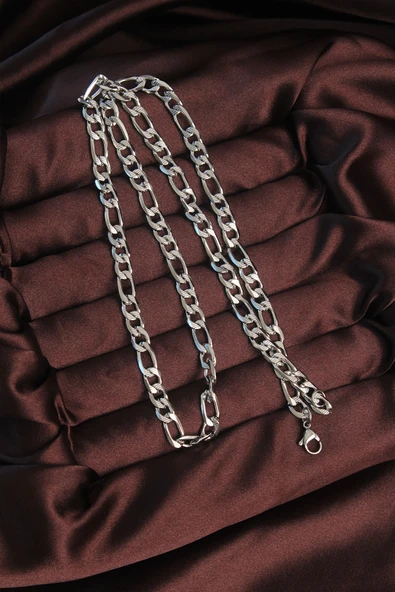 316L Çelik Gümüş Renk Çizgili Kuş Gözü Zincir Kolye - TJ-ERK1374 - 2