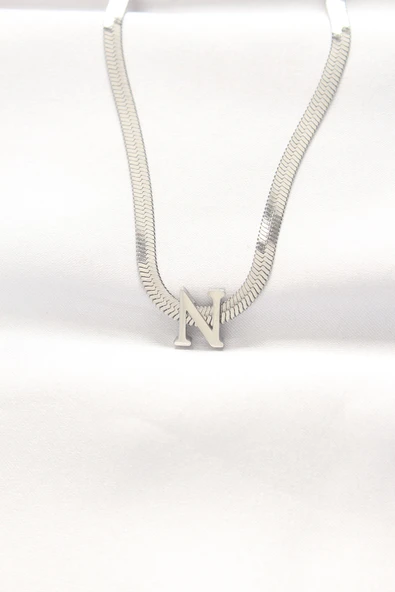 316L Çelik N Harfli Silver Renk İtalyan Zincirli Kolye - TJ-BKO8541