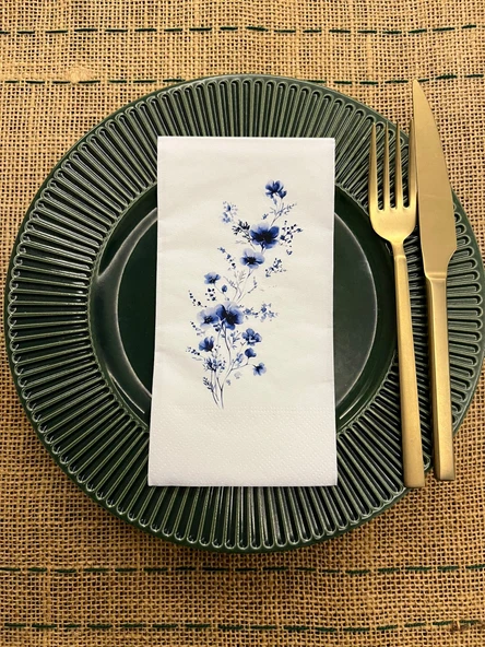 Mavi Çiçekler (Blue Flowers) Baskılı Sunum Peçetesi Beyaz 16 Adet ürün görseli