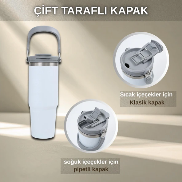 Pipetli Termos Bardak 900 ml Paslanmaz Çelik -Çift Kullanımlı Kapak - Resim 2