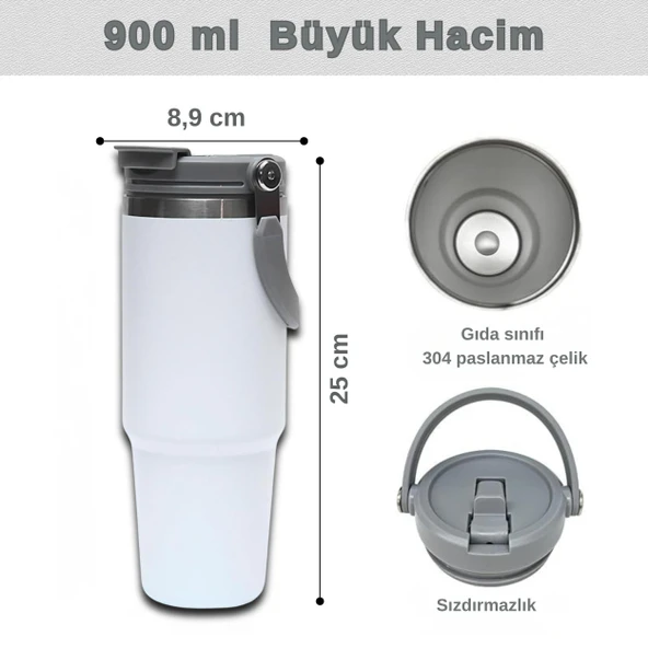 Pipetli Termos Bardak 900 ml Paslanmaz Çelik -Çift Kullanımlı Kapak - Resim 3