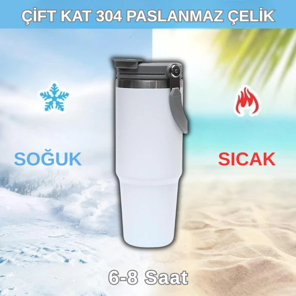 Pipetli Termos Bardak 900 ml Paslanmaz Çelik -Çift Kullanımlı Kapak - Resim 4