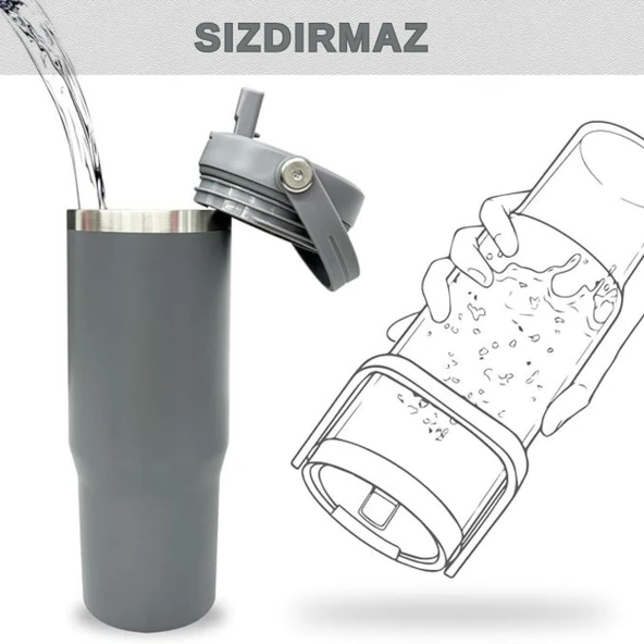 Pipetli Termos Bardak 900 ml Paslanmaz Çelik -Çift Kullanımlı Kapak - Resim 5