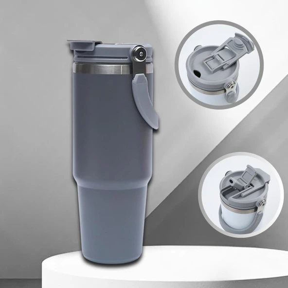 Pipetli Termos Bardak 900 ml Paslanmaz Çelik -Çift Kullanımlı Kapak - Resim 7