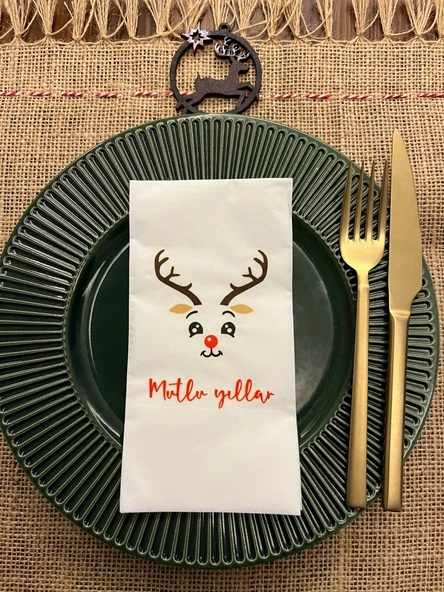 Geyik Mutlu Yıllar Baskılı Yılbaşı Peçetesi Beyaz16 Adet ürün görseli