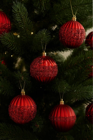 Beysüs Yılbaşı Çam Ağacı Süsü Pullu Kırmızı Top 8 cm 6’lı - Resim 2