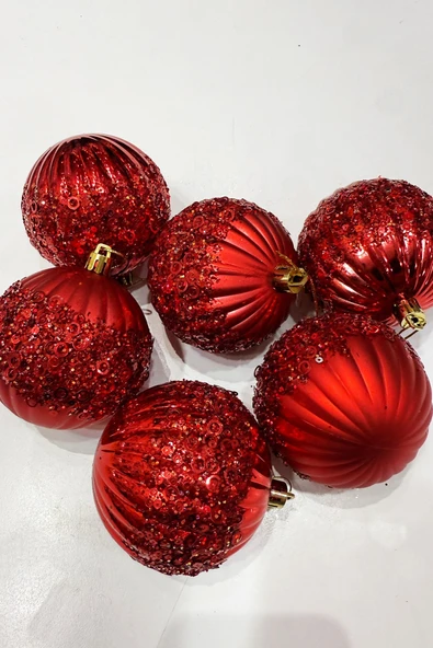 Beysüs Yılbaşı Çam Ağacı Süsü Pullu Kırmızı Top 8 cm 6’lı - Resim 3