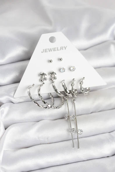 Gümüş Renk Pirinç 6'lı Kadın Küpe Seti ürün görseli 1