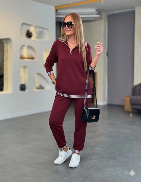 Kadın Uzun Kollu Fermuarlı şerit Detay Desenli Alt üst Ikili Viskon Iki Iplik Takım ürün görseli