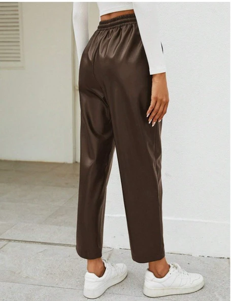 Kadın Yüksel Bel Bağcıklı Deri Pantolon - Resim 2