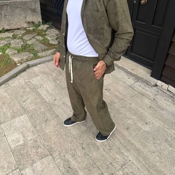 Erkek Fitilli Kadife Cepli Buggy Pantolon Oversize Rahat Kalıp - Haki - 4