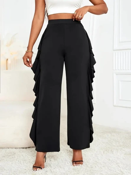 Kadın Yüksek Bel Yanları Volanlı Cepli Sandy Pantolon - Resim 3
