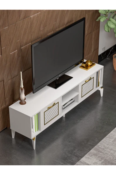 Tv Sehpası Tv Ünitesi Beyaz Gold 160 Cm Linya 5042 - 6
