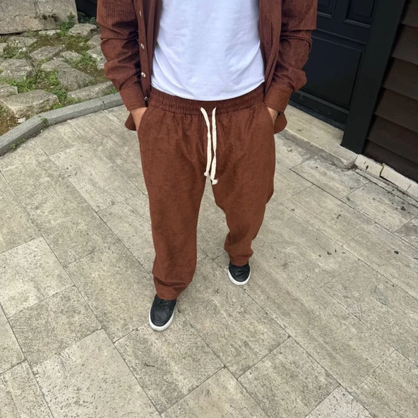 Erkek Fitilli Kadife Cepli Buggy Pantolon Oversize Rahat Kalıp - Kahverengi - 3