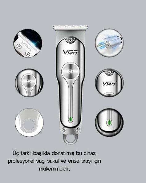 Profesyonel Gümüş Şarjlı Tıraş Makinesi – 3 Başlık, 120 Dakika Kullanım Süresi, Kompakt ve Hafif Tasarım - Resim 5