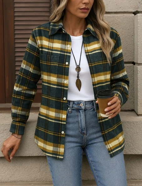 Kadın Uzun Kollu Kare Desenli önden Düğmeli Dokuma Gömlek - 2