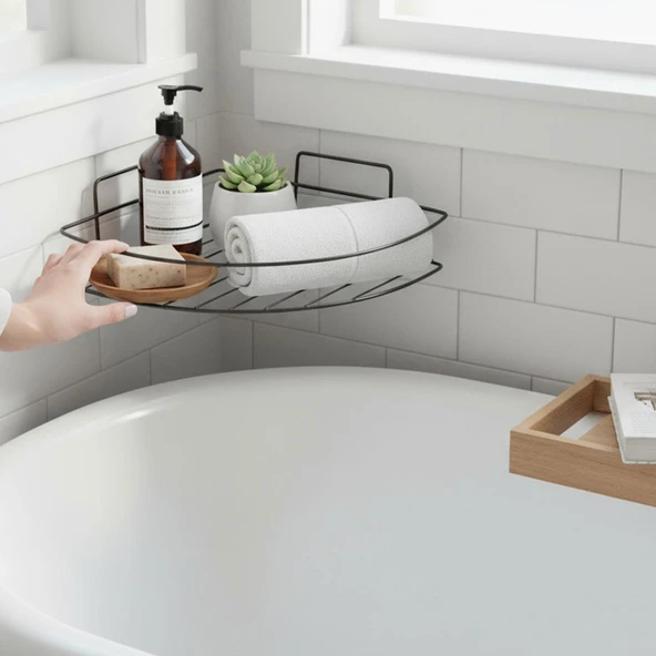 Siyah Tek Katlı Duş Şampuanlık Banyo Rafı Metal Şampuan ve Aksesuar Düzenleyici Vidalı Montaj - Resim 8