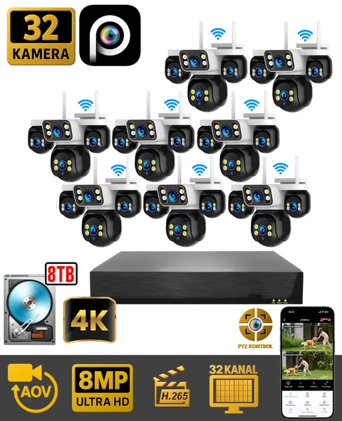 HiEasy 32 Kameralı 8MP NVR Güvenlik Seti (8TB HDD Dahil) – 4K AOV PTZ Kontrol H.265+ 7/24 Kayıt ürün görseli
